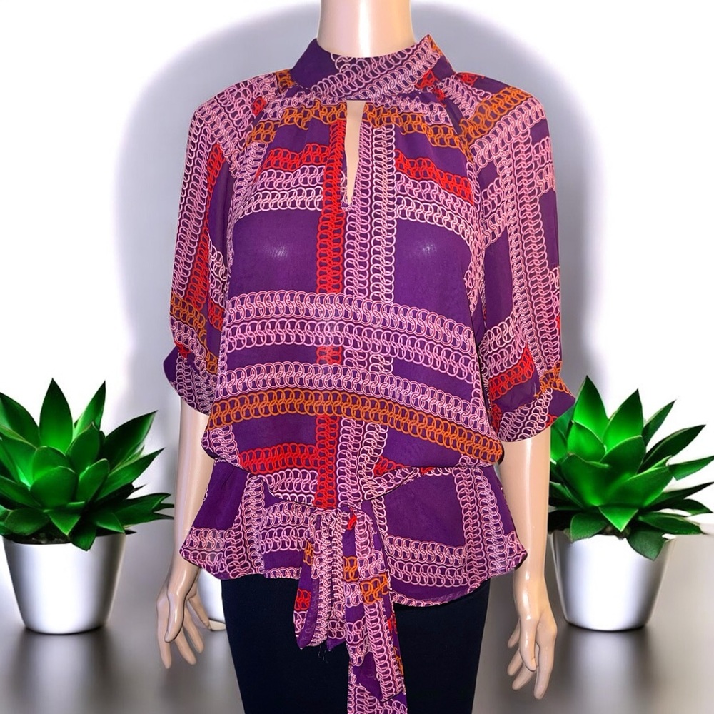 New York & Company Printed Dolman-Sleeve Keyhole Neck Waist Tie Blouse - Picture 4 of 15